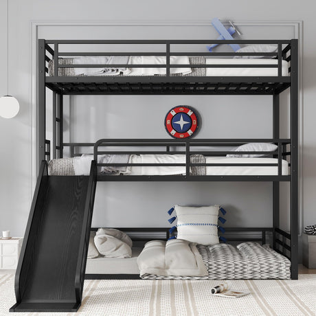 Metal Triple Bunk Bed with Slide, Twin XL Over Twin XL Over TwinXL Bunkbeds with Ladder, Heavy Duty 3 Bunk Bed Frame with Safety Guardrails for 3 Teen/Adults, Easy Assembly, Black Bellemave