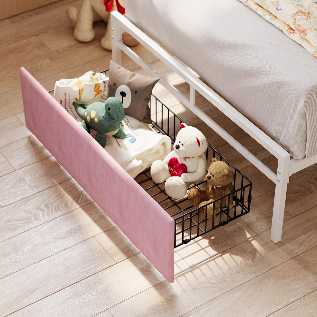 LIKIMIO Twin Size Bed Frame with Armrests Headboard & RGB Light, Upholstered Twin Size Bed Platform with Drawers, No Box Spring Needed, Study & No Noise, Modern Pink LIKIMIO