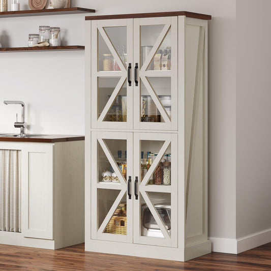 DWVO 66" Kitchen Pantry Storage Cabinet with Glass Doors, 4-Tier Large Wood Storage Cabinet, Tall Freestanding Hutch for Living Room,Dinning Room and Kitchen, White - WoodArtSupply