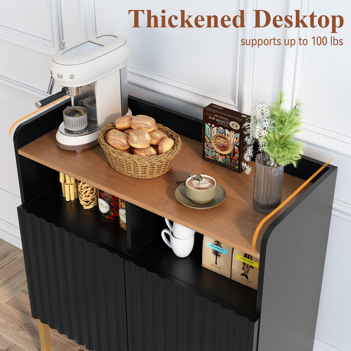 ARTPOWER Storage Cabinet with Fluted Doors and Shelves, Modern Rustic Industrial Sideboard Buffet Cabinet with Metal Legs, Accent Credenza Console for Kitchen Dining Room, Living Room, Entryway, Black ARTPOWER