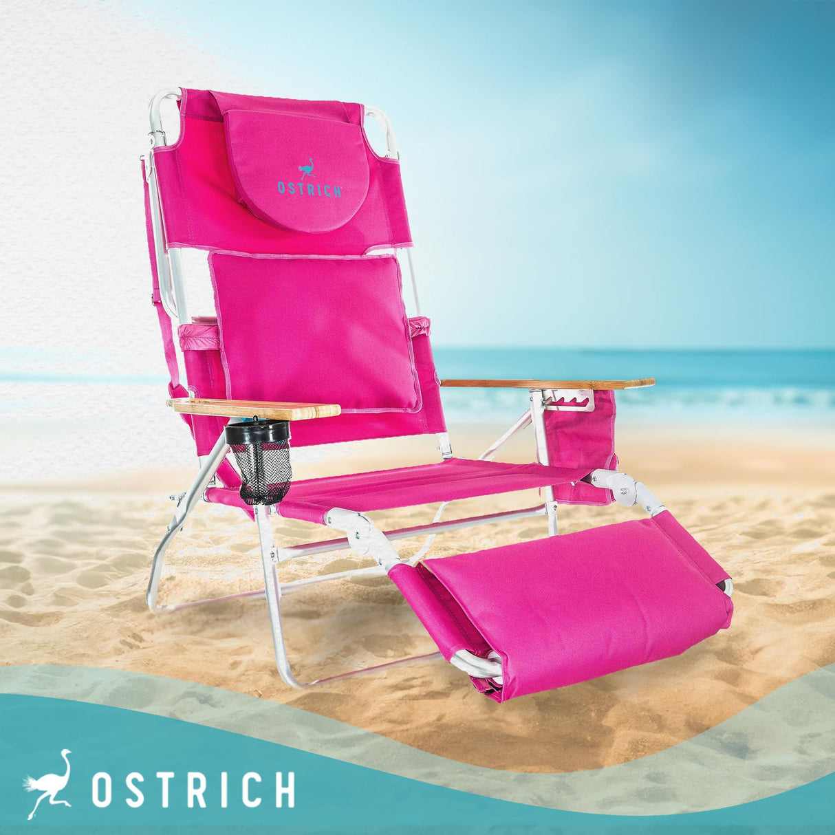 Ostrich Reclining Lounge Chair, Deluxe 3 in 1 Folding Outdoor Beach Lounger, Pink - Compact and Portable Recliner for Pool Tanning, Lawn, Patio, and Yard Ostrich