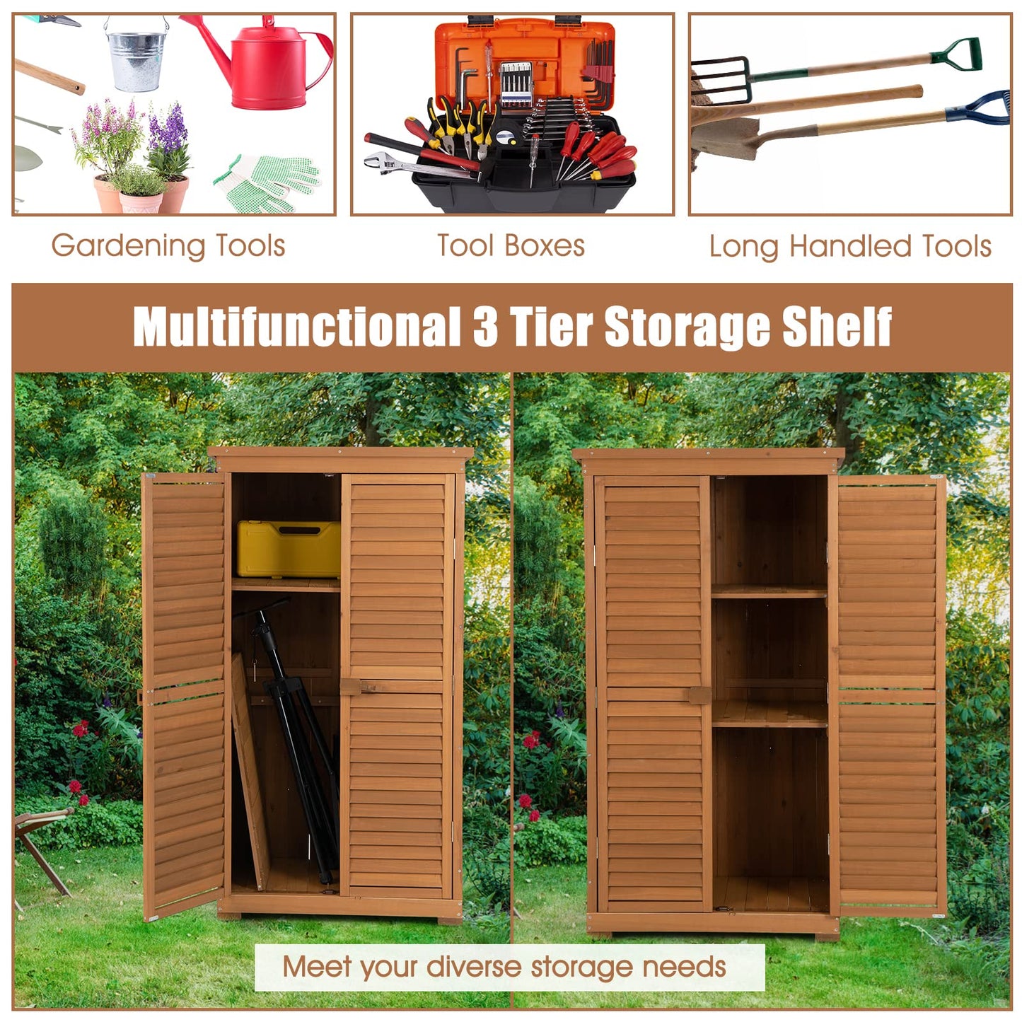 Goplus Outdoor Storage Cabinet, 63" Wood Garden Tool Shed with Double Lockable Doors, 3 Shelves and Asphalt Roof, Multipurpose Storage Shed for Patio Lawn Garden Yard, Natural