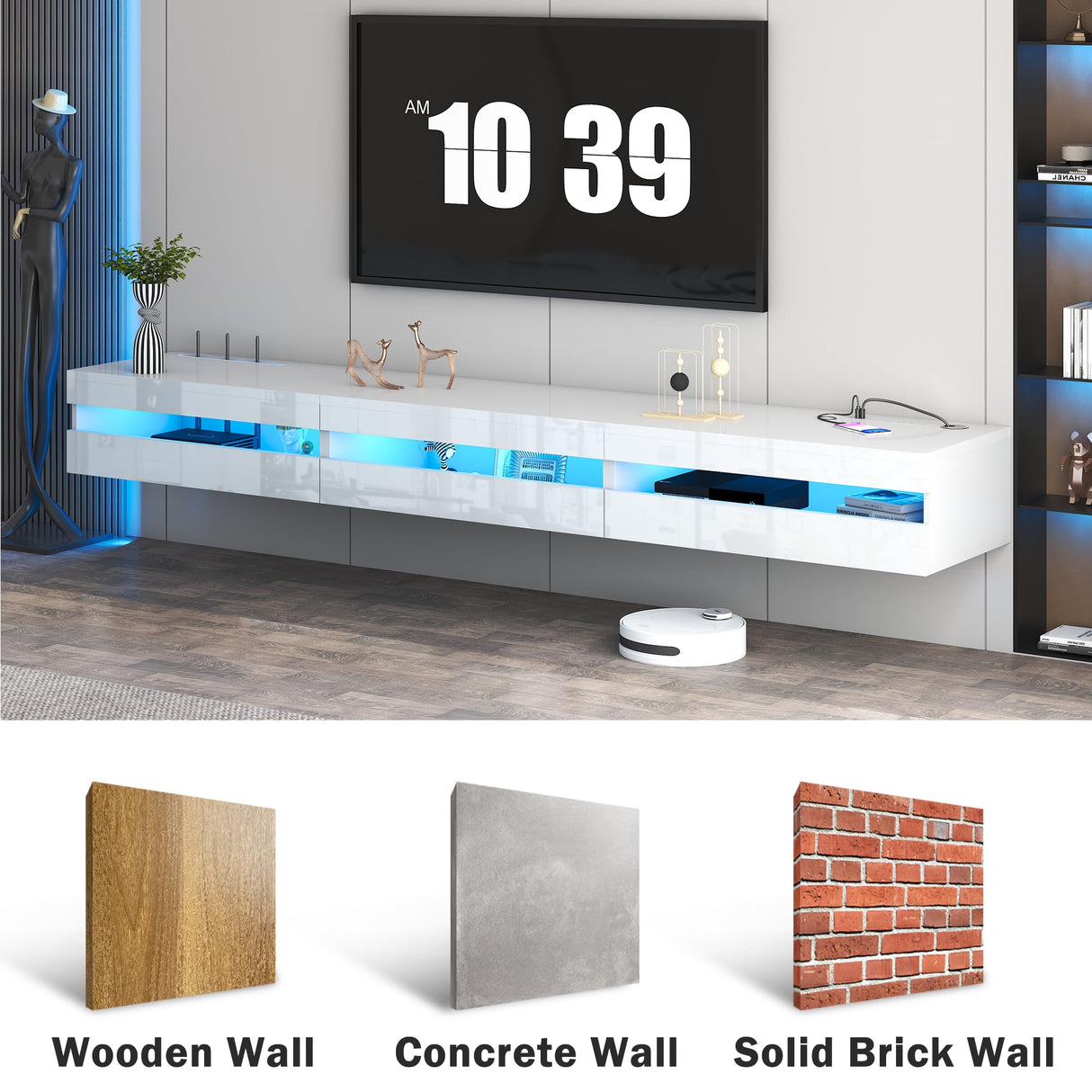 ANTISTA Floating TV Stand | 94.5'' Long Wall Mounted TV Shelf with Power Outlet, Modern Wooden Entertainment Center Media Console with Storage, High Gloss Large TV Cabinet, Up to 100 Inch TVS ANTISTA