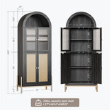 BELLEZE Set of 2 Storage Cabinet with Reeded Glass Doors, Arched Bookcase Decorated with Rattan Door, 65 Inch Freestanding Curio Cabinet for Home Living Room and Kitchen, Black BELLEZE
