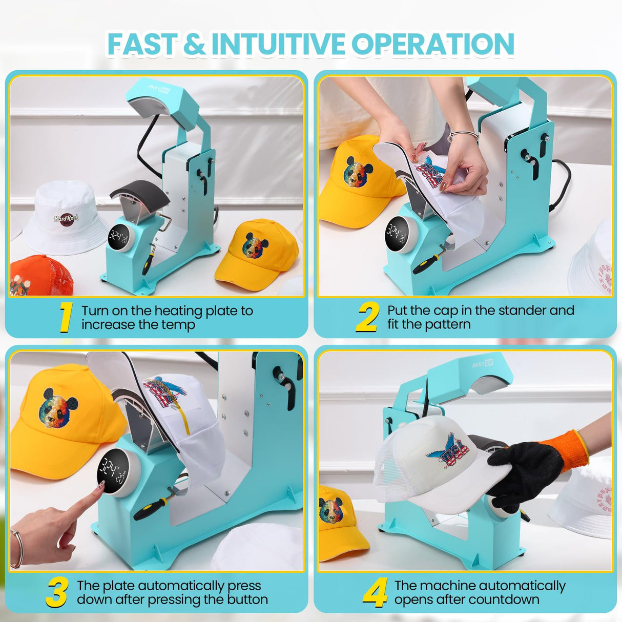 AKEYDIY 3-in-1 Auto Cap Heat Press Machine, Hat Heat Press with 3pcs Replaceable Heating Pads, Automatic Release&Press Knob-Style Digital Control Panel, DIY Sublimation Caps T-Shirts Bags AKEYDIY