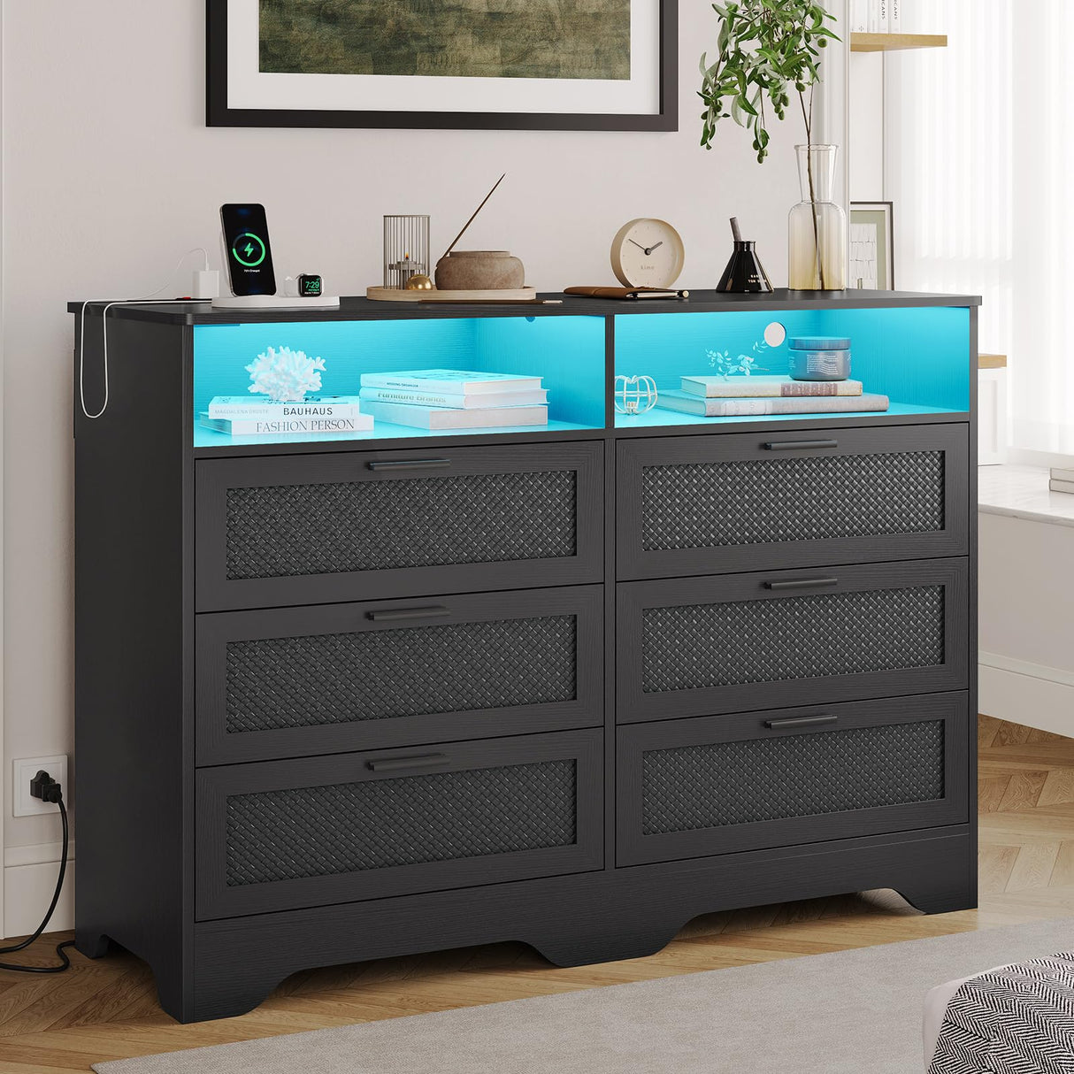 Hasuit Black Dresser for Bedroom with Charging Station, Wooden Large Capacity Storage Chest of Drawers with LED Lights, Modern Wide 6 Drawer Dresser with Woven Leather Design for Bedroom, Living Room Hasuit