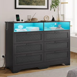 Hasuit Black Dresser for Bedroom with Charging Station, Wooden Large Capacity Storage Chest of Drawers with LED Lights, Modern Wide 6 Drawer Dresser with Woven Leather Design for Bedroom, Living Room Hasuit