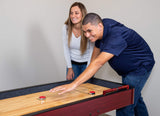 Challenger Shuffleboard Table with Dark Cherry Finish, Hardwood Playfield, Storage Cabinets, Climate Adjusters, Leg Levelers, 8 Pucks, Brush and Wax Hathaway
