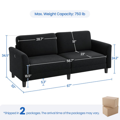 Yaheetech 67" W Fabric Sofa Couch 2 Seater Loveseat Sofa with USB Charging Ports Upholstered Sofa Living Room Office Bedroom, Black