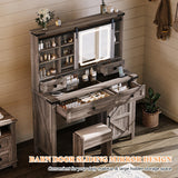 AMERLIFE 42'' Farmhouse Makeup Vanity Desk with Sliding Mirror and Lights, Glass Tabletop Vanity Table with 2 Drawers & Shelves for Bedroom, Light Rustic Oak AMERLIFE