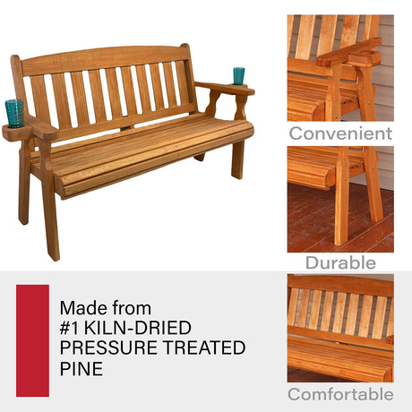 Amish Casual Heavy Duty 800 Lb Mission Pressure Treated Garden Bench with Cupholders (5 Foot, Cedar Stain) Amish Casual