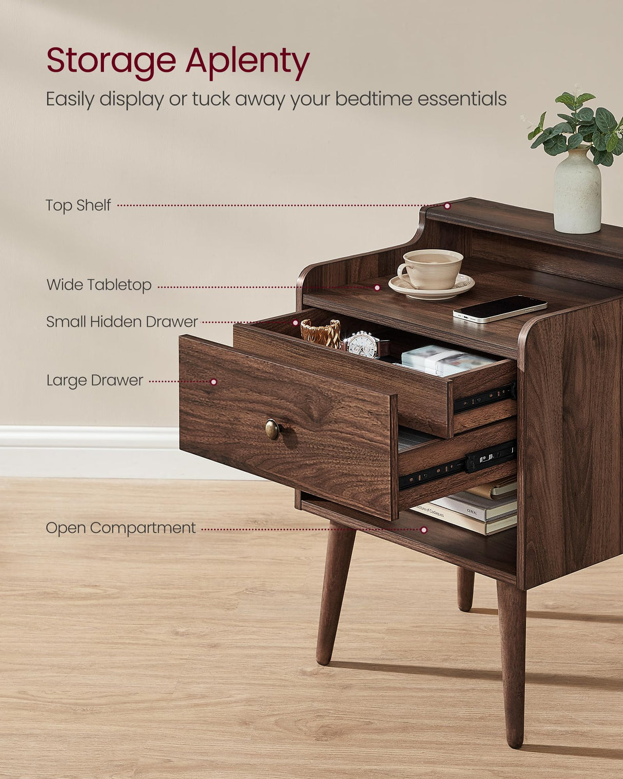 VASAGLE Nightstands, Set of 2, Bedside Tables with Hidden Drawers, Mid-Century End Tables with Solid Wood Legs, Side Tables for Bedroom, Natural Walnut ULET624K01 VASAGLE