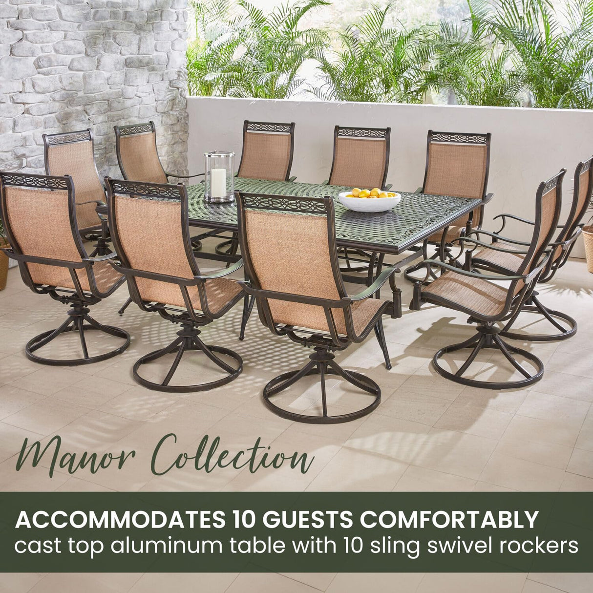 Hanover Manor 11-Piece Outdoor Dining Set with 10 Comfortable Swivel Rockers and an Extra-Large 60" x 84" Aluminum Cast-Top Dining Table, 10 person Patio Table and Chairs for Backyard, Deck, Porch Hanover