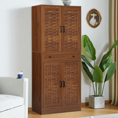 LEVNARY 72" Kitchen Pantry Storage Cabinet with 4 Woven Doors, Drawer and 4 Adjustable Shelves, Freestanding Cupboard Storage Cabinet for Living Room Kitchen (Walnut) - WoodArtSupply