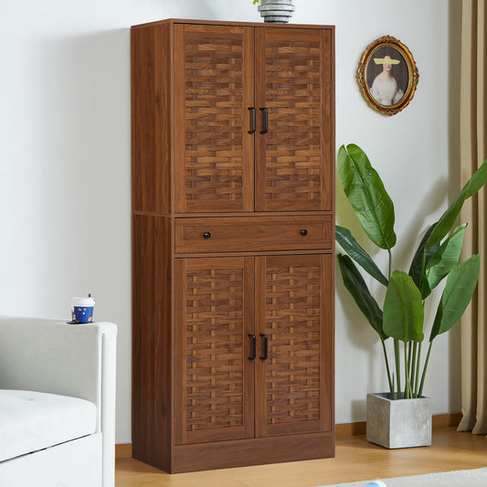 LEVNARY 72" Kitchen Pantry Storage Cabinet with 4 Woven Doors, Drawer and 4 Adjustable Shelves, Freestanding Cupboard Storage Cabinet for Living Room Kitchen (Walnut) - WoodArtSupply