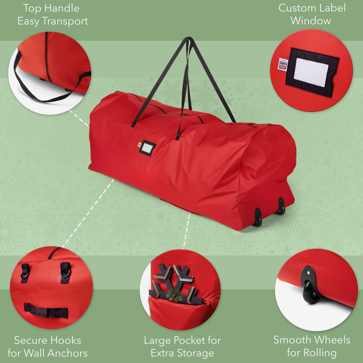 Holiday Cheer Christmas Tree Storage Bag with Wheels – Heavy Duty Christmas Tree Bag Fits Up to 9ft Tall Artificial Christmas Tree, Waterproof, Durable Handles & Zipper – Xmas Tree Storage Bag (Red) Holiday Cheer