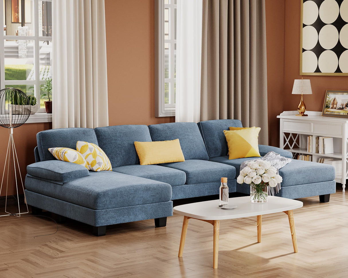 Furmax Sectional Couches for Living Room, U-Shaped Sofa Couch with Linen Fabric, 4 Seat Sofa Set with Double Chaise for Apartment (Fabric, Light Blue) Furmax