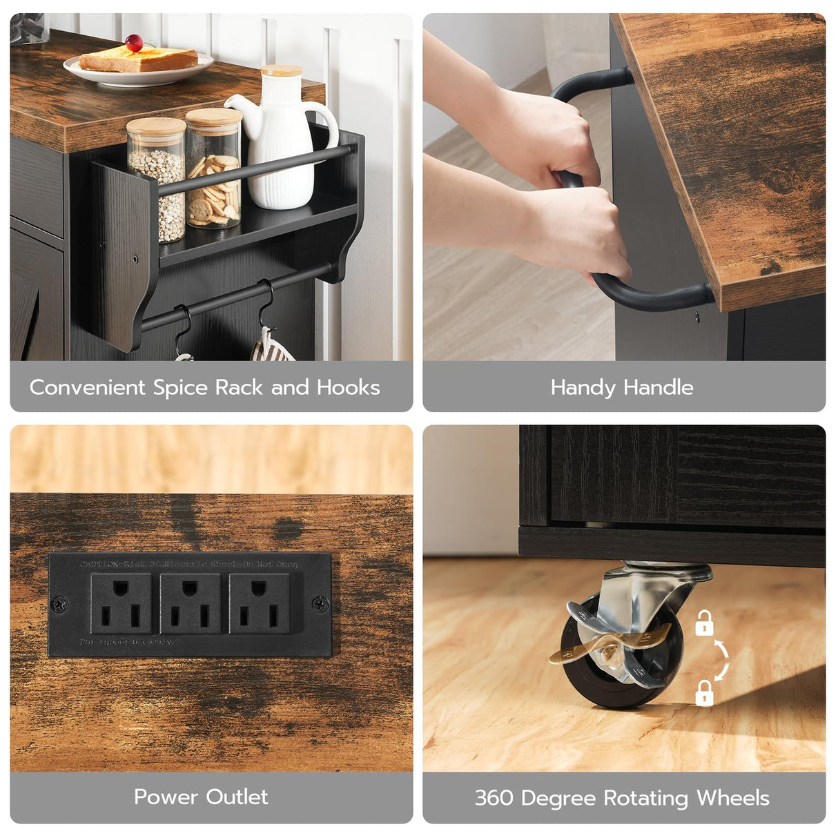 HOOBRO 43.3 Inch Kitchen Island with Charging Station, Rolling Kitchen Island with Storage, Kitchen Island Cart with Spice Rack and Hooks, for Kitchen, Living Room, Rustic Brown and Black BF11UZD01 HOOBRO