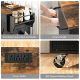 HOOBRO 43.3 Inch Kitchen Island with Charging Station, Rolling Kitchen Island with Storage, Kitchen Island Cart with Spice Rack and Hooks, for Kitchen, Living Room, Rustic Brown and Black BF11UZD01 HOOBRO