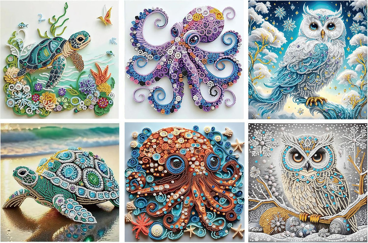 6 Pack Sea Turtle Octopus Owl Animal Special Shape Diamond Art Kits for Adults, 5D Diamond Painting Kits for Beginner, DIY Diamond Crystal Rhinestones Painting Kits for Home Wall Decor Gift 12X12 inch Fairyland JinWenn