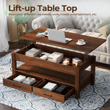 Rolanstar Coffee Table, Lift Top Coffee Table with Drawers and Hidden Compartment, Retro Central Table with Wooden Lift Tabletop, for Living Room,Espresso Rolanstar