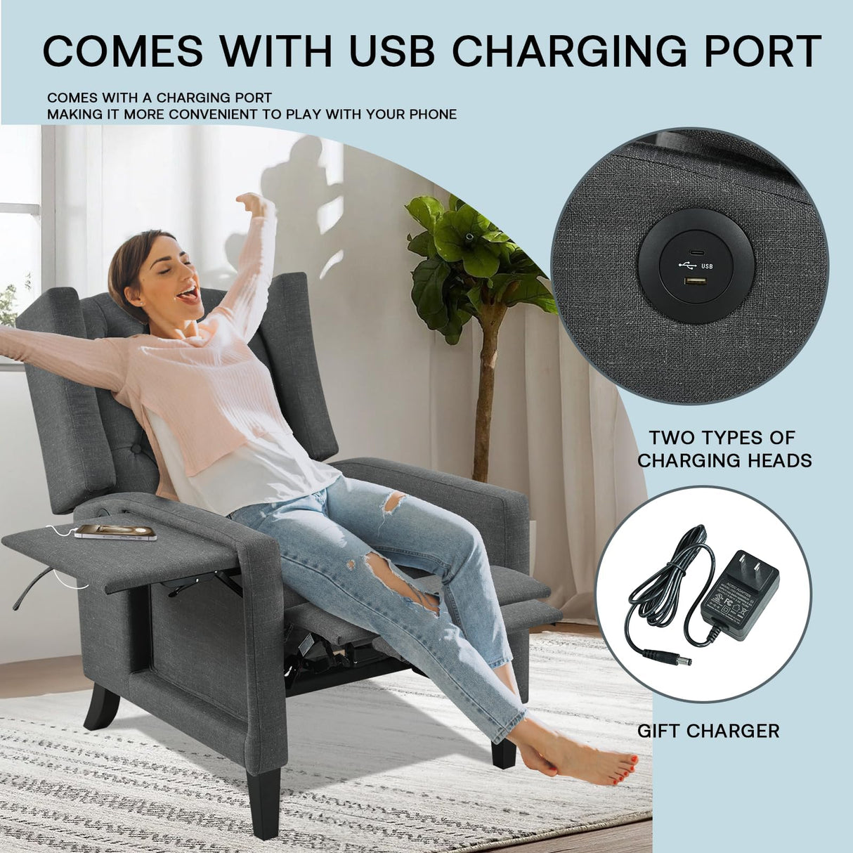 Vaztrlus Gray Manual Recliner Chair with Foldable Side Table USB Charger Wingback Tufted, Wall Hugger Recliners for Small Spaces, Living Room, Bedroom Inexpensive Lazy Boy Style Recliner Vaztrlus