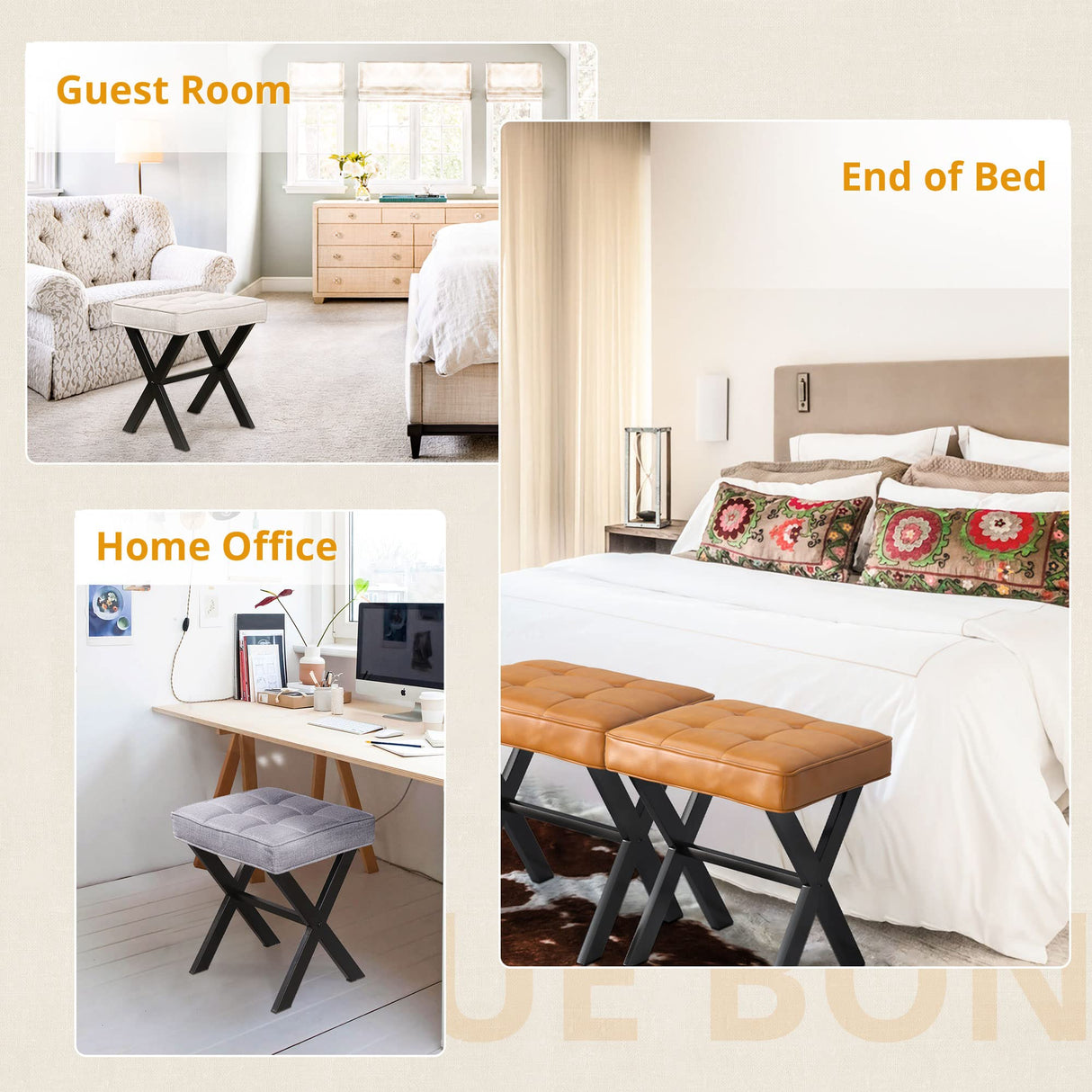 LUE BONA Ottoman Foot Stool Vanity Stool, Square Linen X-Leg Foot Rest Ottoman Makeup Stool, Small Stool Chair for Vanity, Modern Padded Vanity Seat for Makeup Room, Living Room, Bathroom, Linen Color LUE BONA