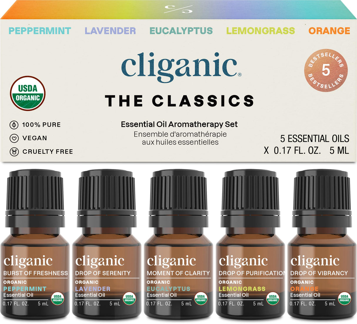 Cliganic Organic Essential Oils Set (Top 5 - The Classics) - 100% Pure Natural - Aromatherapy, Candle Making - Peppermint, Lavender, Eucalyptus, Lemongrass & Orange (Packaging May Vary) Cliganic