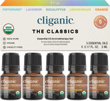 Cliganic Organic Essential Oils Set (Top 5 - The Classics) - 100% Pure Natural - Aromatherapy, Candle Making - Peppermint, Lavender, Eucalyptus, Lemongrass & Orange (Packaging May Vary) Cliganic
