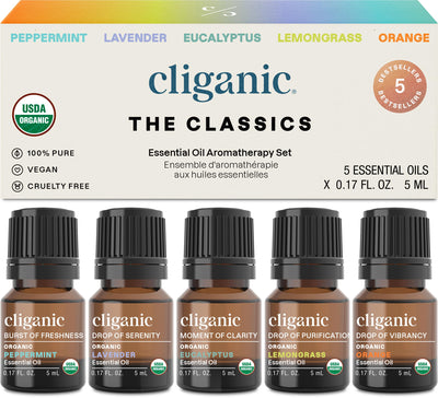 Cliganic Organic Essential Oils Set (Top 5 - The Classics) - 100% Pure Natural - Aromatherapy, Candle Making - Peppermint, Lavender, Eucalyptus, Lemongrass & Orange (Packaging May Vary)