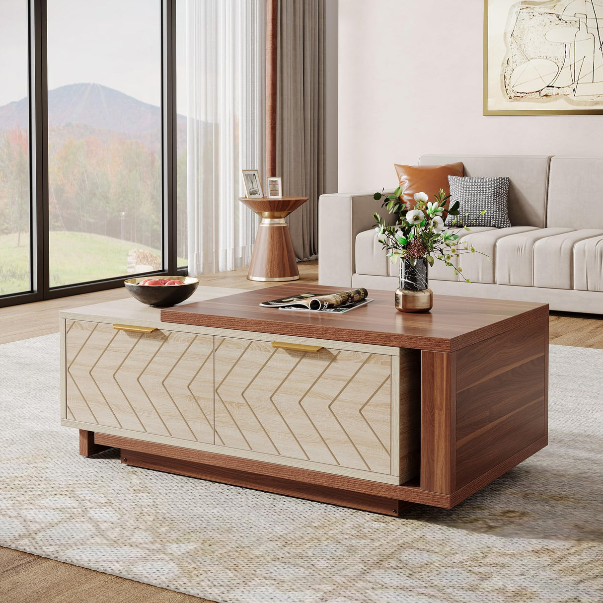 Tribesigns Extendable Coffee Table with 2 Storage Drawers, Dual-Tone Center Table with Sliding Tabletop, Multi-Functional Hidden Storage Wooden Rectangle Cocktail Table for Living Room, Walnut & Oak Tribesigns