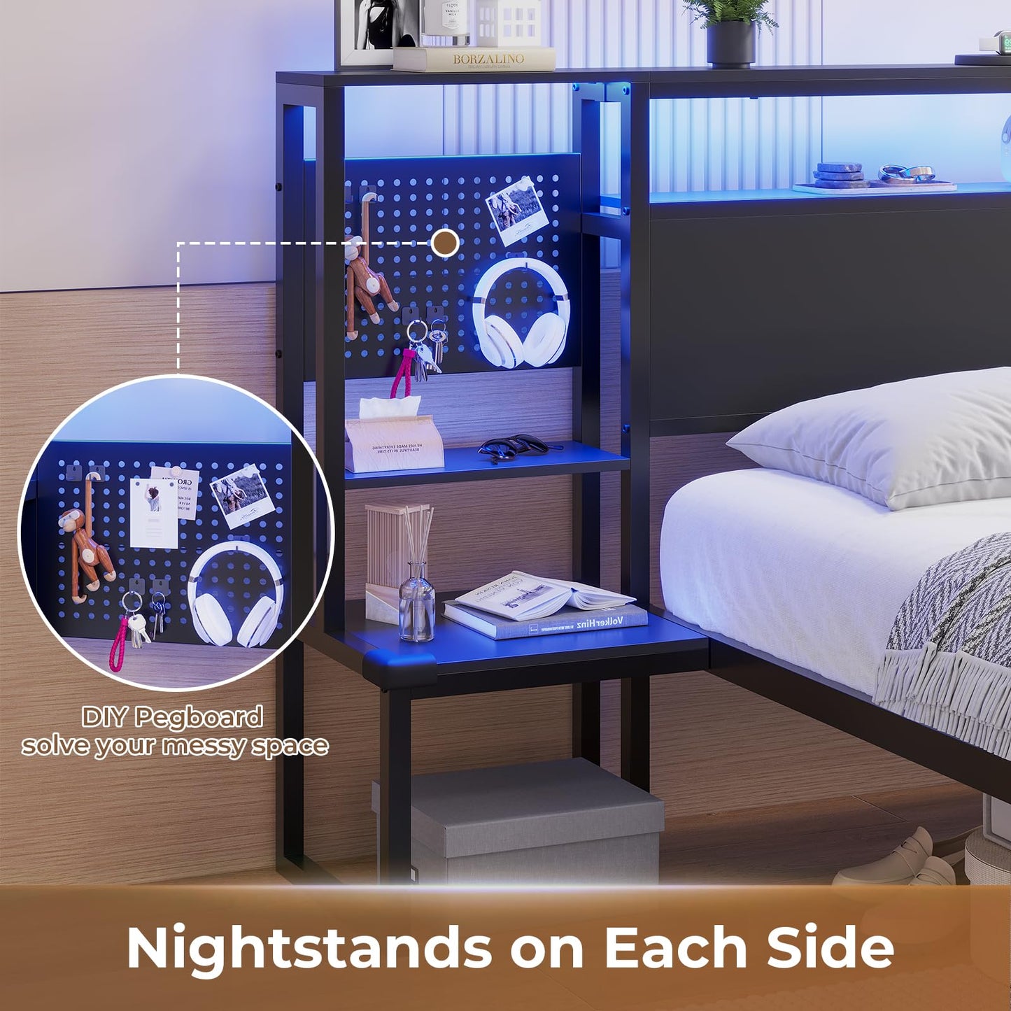 HAUOMS King Size Bed Frame with Smart LED Lights, Charging Station, and Storage Headboard in Black - WoodArtSupply