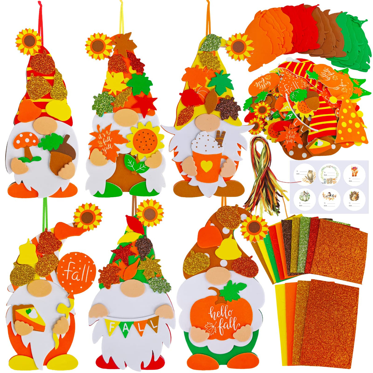 Winlyn 24 Sets Fall Craft Kits DIY Fall Gnome Ornaments Decorations Art Sets Fall Leaf Pumpkin Sunflower Foam Stickers Arts and Crafts for Kids Autumn Halloween Thanksgiving Activity Art Project Winlyn