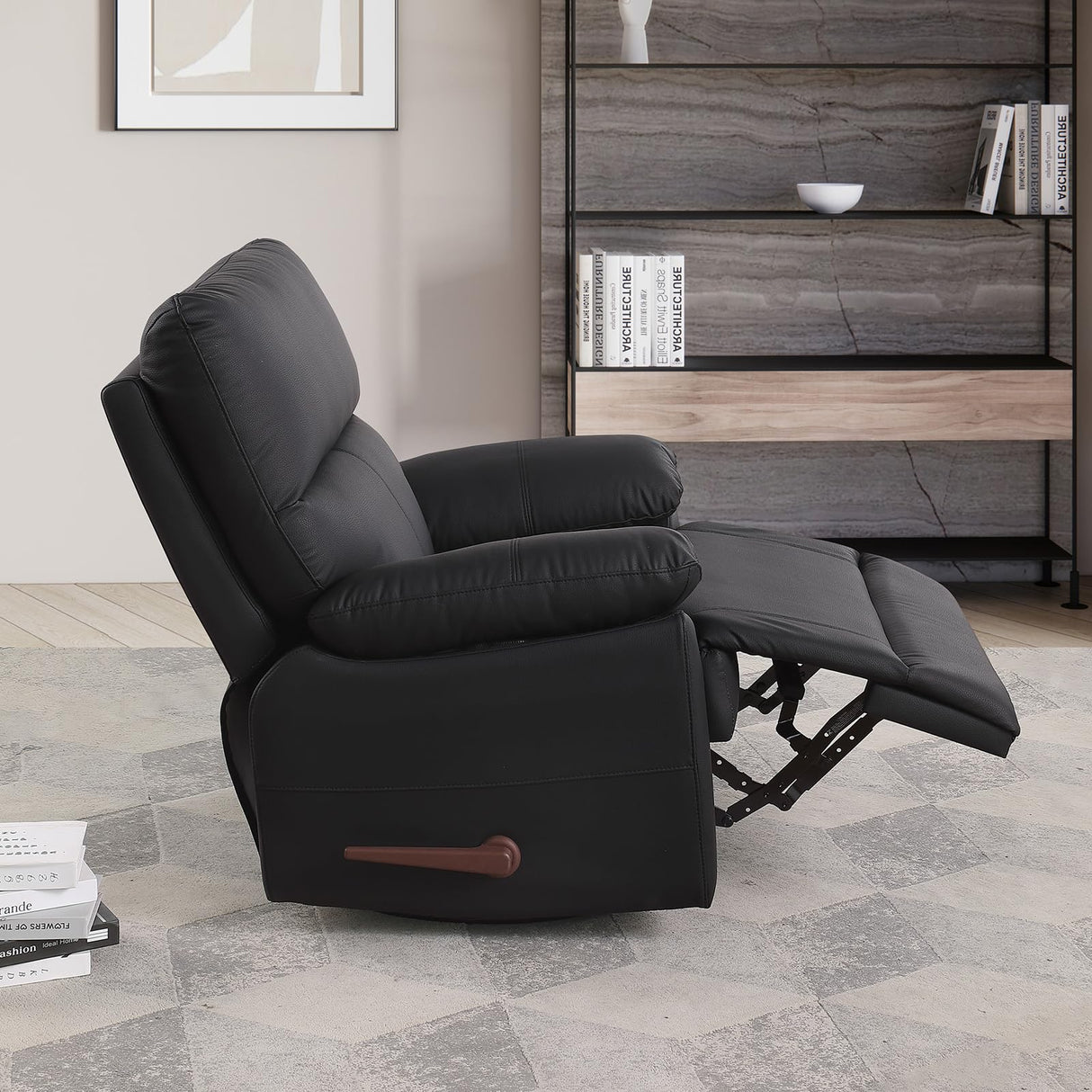 poplarbox Manual Recliner Chair with Lever Handle, 360° Swivel Elderly Rocker Recliner Chairs, Single Seat upholstered Recliner Sofa Chair for Living Room, Apartment (Black) poplarbox