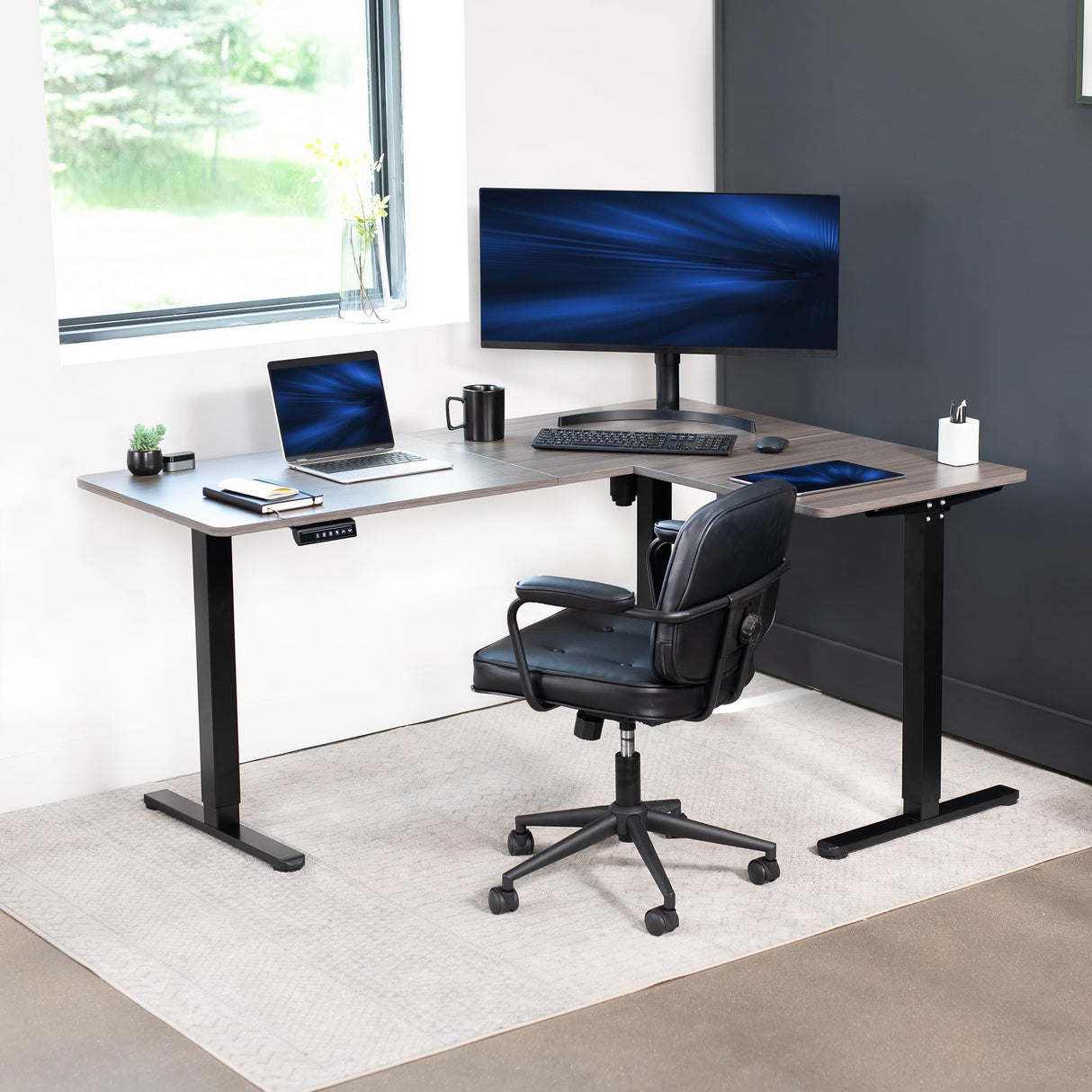 VIVO Electric Height Adjustable 63 x 47 inch Corner Stand Up Desk, Gray Table Top, Black Frame, L-Shaped Standing Workstation, 3CT Series, DESK-E3CTG-47 VIVO