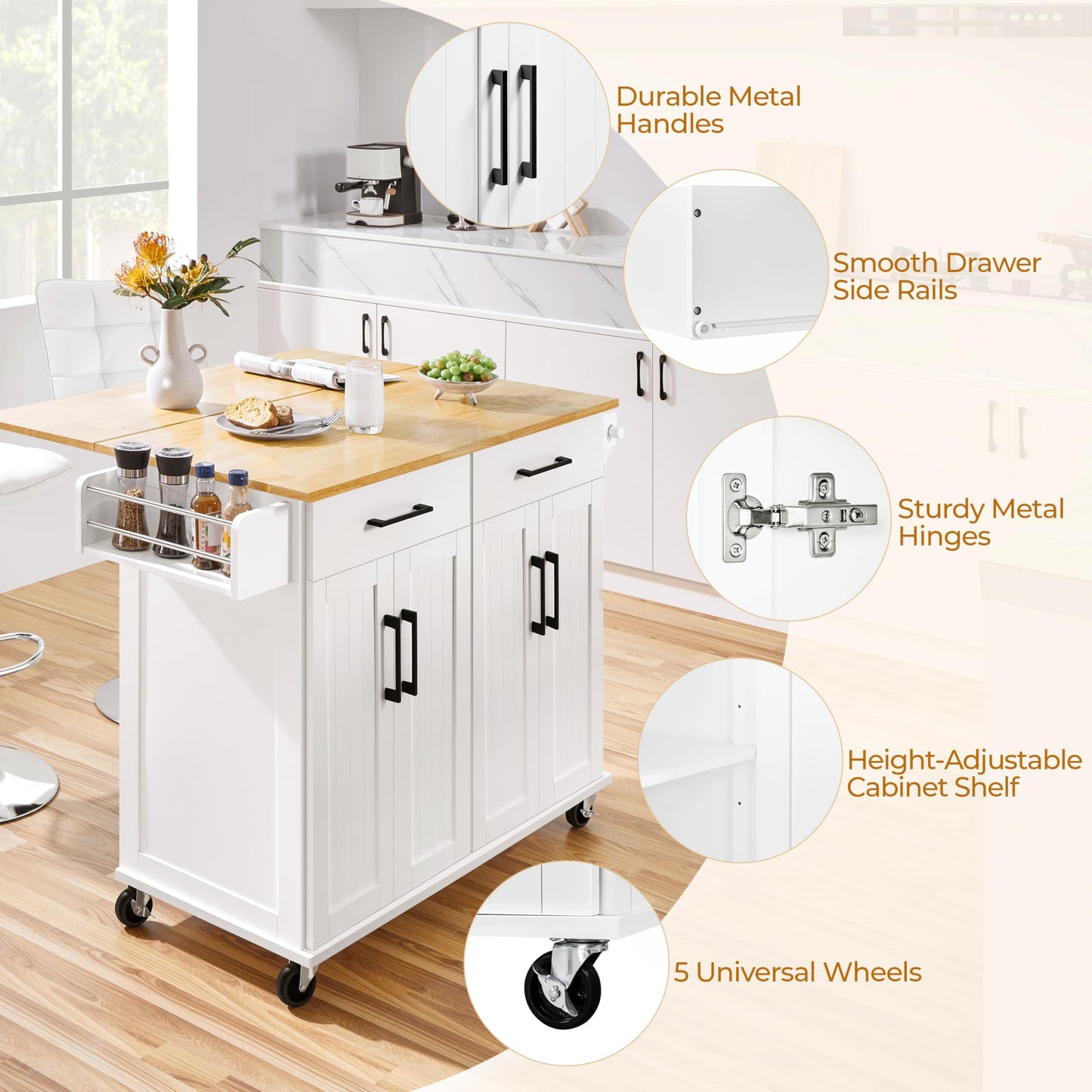 Yaheetech Rolling Kitchen Island with Drop Leaf, Kitchen Cart on Wheels with Storage Cabinet and Drawers, Rubberwood Top, Detachable Towel Rack, Spice Rack for Dining Room, White