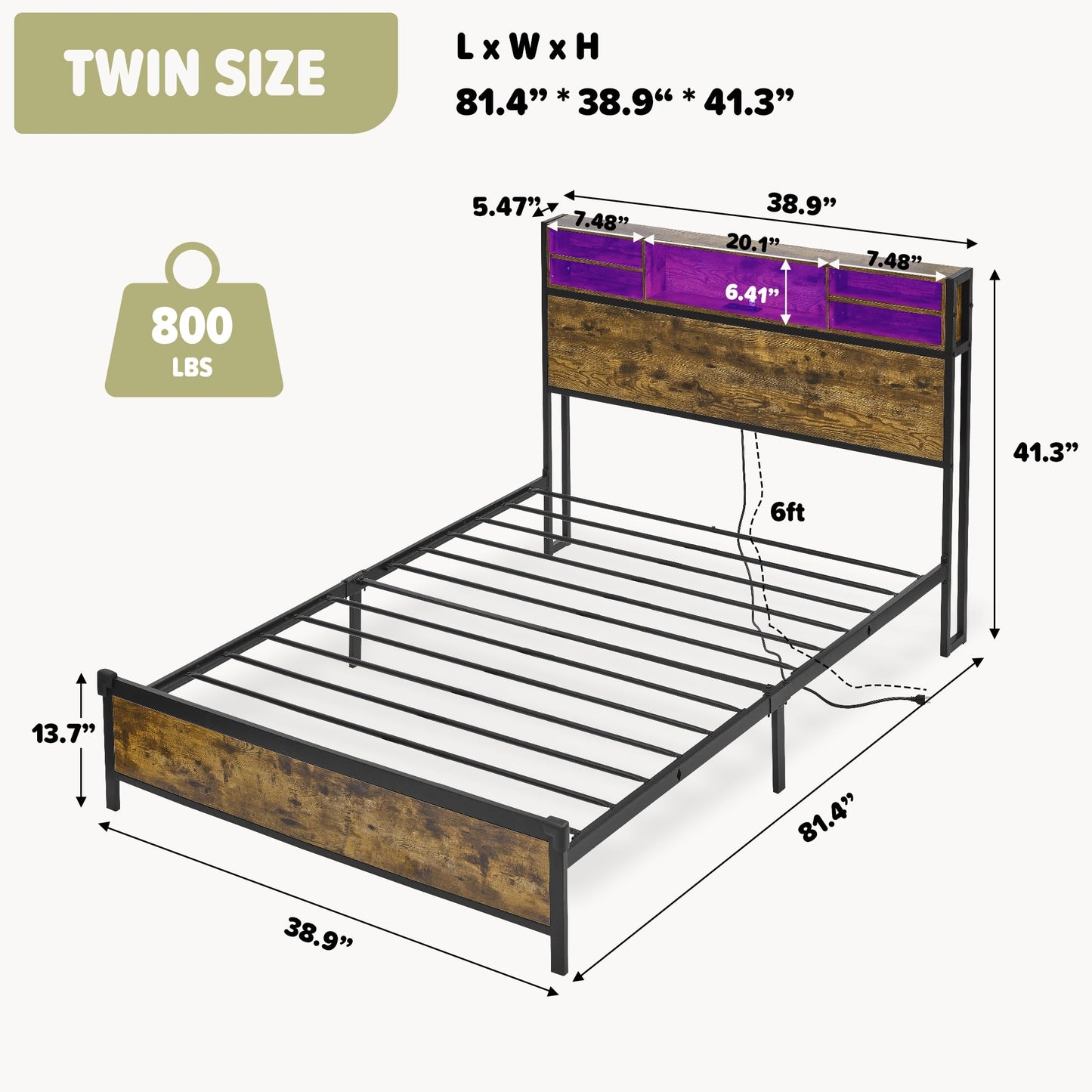 Twin Bed Frame with Bookcase Storage Headboard,Metal Platform Bed with Charging Station & LED Lights, Heavy Duty Metal Slats, No Box Spring Needed, Easy Assembly,Noise Free