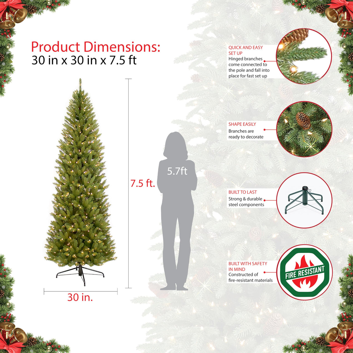 Puleo International 7.5 Foot Pre-Lit Fraser Fir Pencil Artificial Christmas Tree with 350 UL Listed Clear Lights, Green, 32 x 32 x 90 inches Puleo International