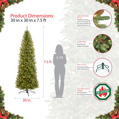 Puleo International 7.5 Foot Pre-Lit Fraser Fir Pencil Artificial Christmas Tree with 350 UL Listed Clear Lights, Green, 32 x 32 x 90 inches