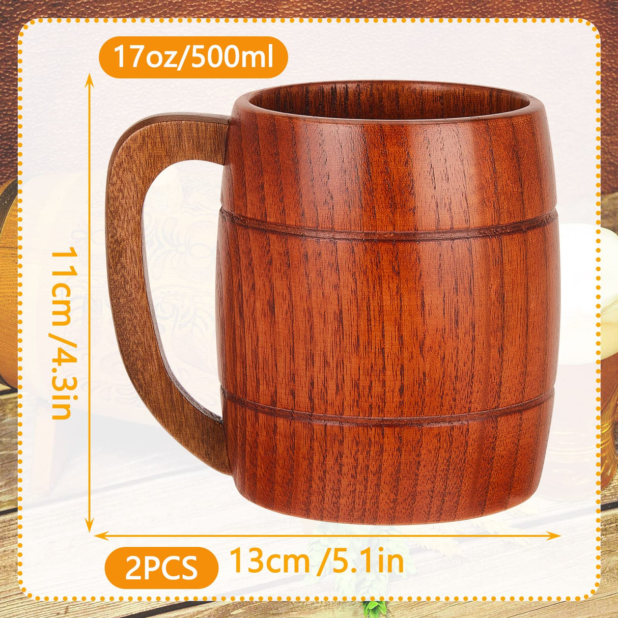 2 Pieces 17 oz Wooden Beer Mugs Wood Drinking Cup Wood Beer Stein Tankard Mug Tea Cup Barrel Mug Craft Tankard Wooden Drinkware with Handle for Tea Water Milk Men Women Coffee Travel Outdoor Suclain