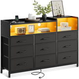 Casaottima Dresser for Bedroom with LED Lights, 9 Drawer Bedroom Dresser with Charging Station, Fabric Dressers & Chest of Drawers with Shelves for Closet, Sturdy Steel Frame Wooden Top, Black Casaottima