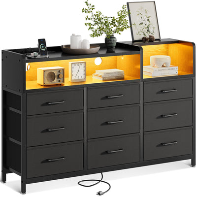 Casaottima Dresser for Bedroom with LED Lights, 9 Drawer Bedroom Dresser with Charging Station, Fabric Dressers & Chest of Drawers with Shelves for Closet, Sturdy Steel Frame Wooden Top, Black