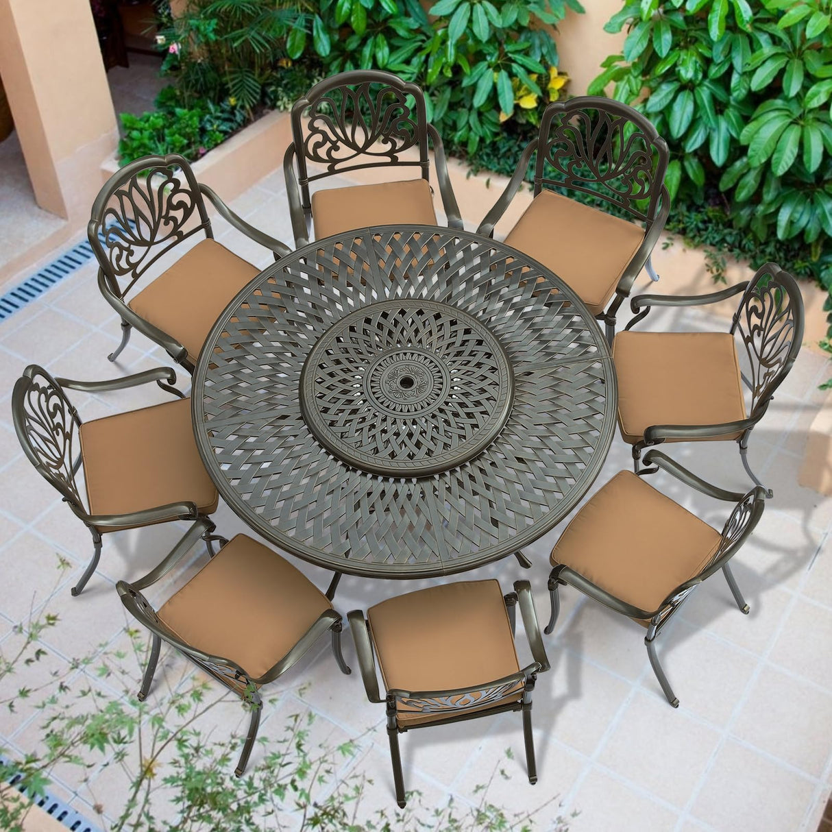 VIVIJASON 9-Piece Patio Furniture Dining Set, Rust-Free Cast Aluminum Outdoor Conversation Set, Include 8 Cushioned Chairs & 61" Round Dining Table with 31" Lazy Susan, Umbrella Hole, Khaki VIVIJASON