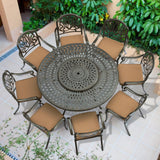 VIVIJASON 9-Piece Patio Furniture Dining Set, Rust-Free Cast Aluminum Outdoor Conversation Set, Include 8 Cushioned Chairs & 61" Round Dining Table with 31" Lazy Susan, Umbrella Hole, Khaki VIVIJASON