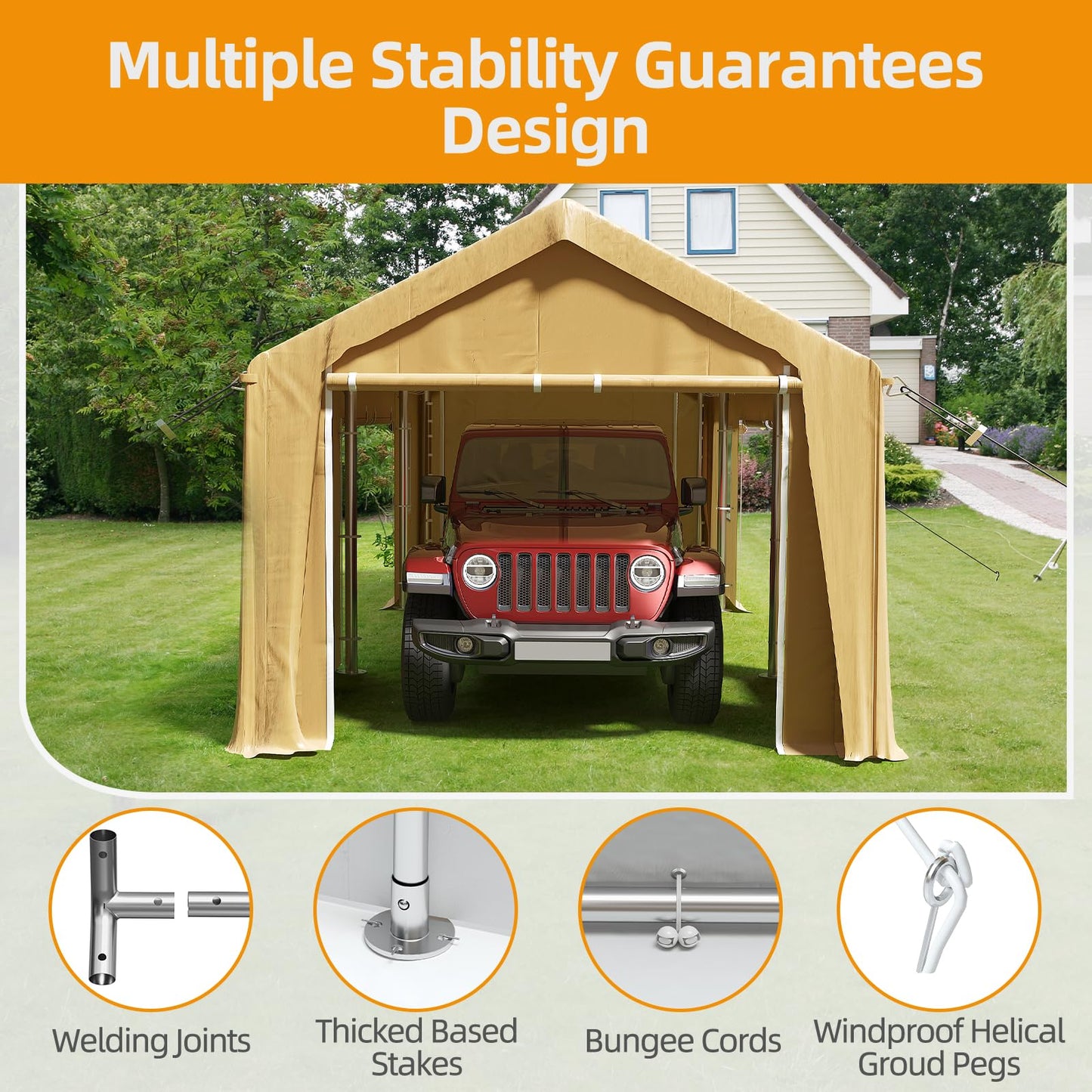 GAOMON 10x20 Ft Carport Heavy Duty Canopy, Portable Garage with Removable Sidewalls Doors & Windows, All Season Waterproof Tarp Outdoor Storaeg Shed for Car Truck Boat Party, Khaki