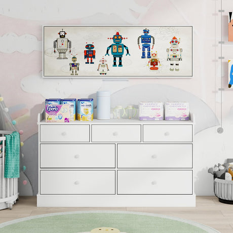 Vabches Kids Dresser Cabinet with 7 Drawers, Changing Table for Nursery, White Chest of Drawers, Baby Dresser, Kids Bedroom Furniture, Nightstand for Child’s Room, White Vabches