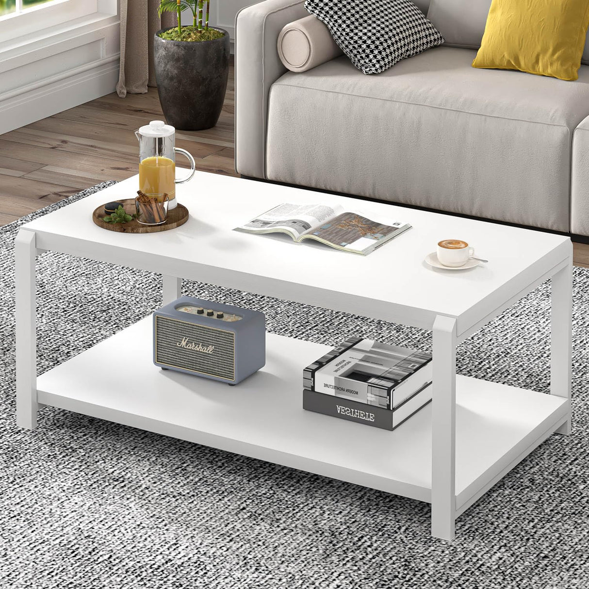 EXCEFUR White Coffee Table with Storage, Modern Center Table for Living Room, Rustic Wood and Metal Cocktail Tables, White Oak EXCEFUR