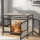 YITAHOME 39" Dog Crate Furniture with Wheels, Heavy Duty Wood Dog Cage Table with Double-Doors Chew-Resistant Farmhouse Decorative Wooden Dog Kennel Indoor for Large and Medium Dogs, Grey YITAHOME