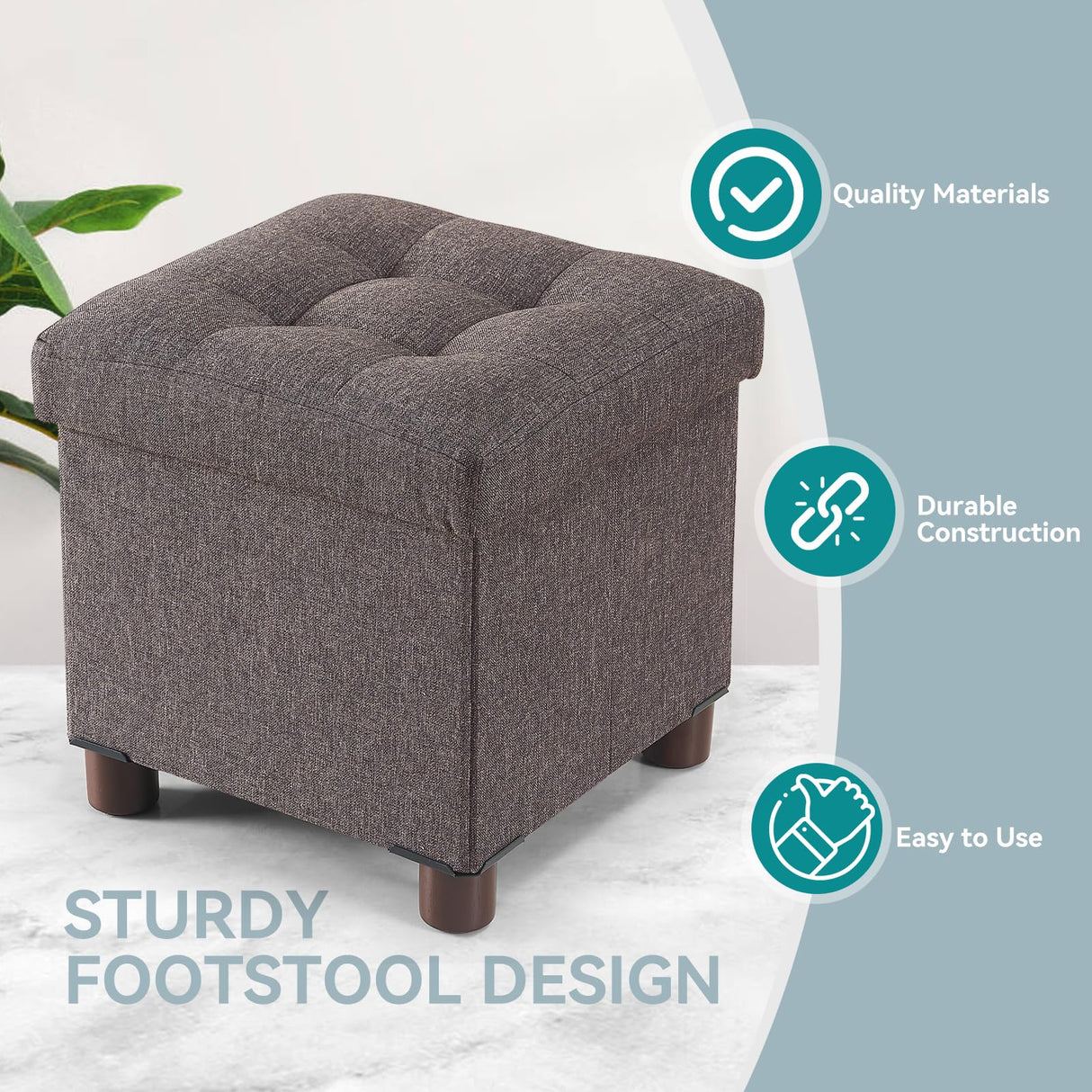 BRIAN & DANY Small Ottoman with Storage, Small Storage Ottoman, Folding Foot Stool with Wood Legs for Living Room and Bedroom Linen Rest Seat, 12.6"x12.6"x12.8" - Brown BRIAN & DANY