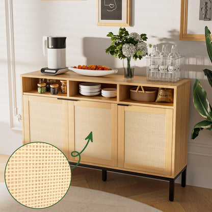 HPWLYO Boho Sideboard Buffet Cabinet, Accent Storage Cabinet with LED Light & Power Outlets, Freestanding Sideboard Storage Cabinet with 3 Rattan Doors, Farmhouse Kitchen Coffee Bar Cabinet - WoodArtSupply